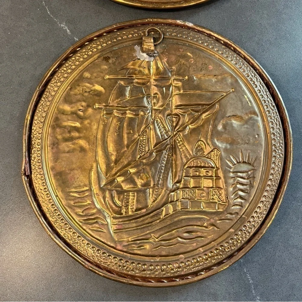 Vintage set 2 brass foil ship plaques Made in England